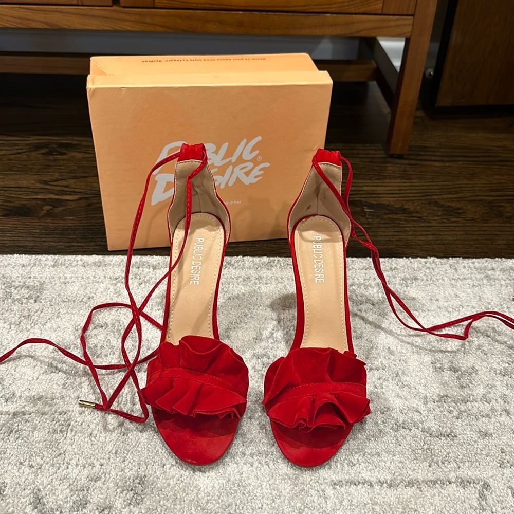 Public Desire Red Suede Ruffle Heels